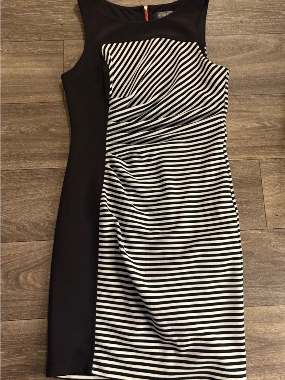 Guess Black and White Striped Midi Sheath Dress